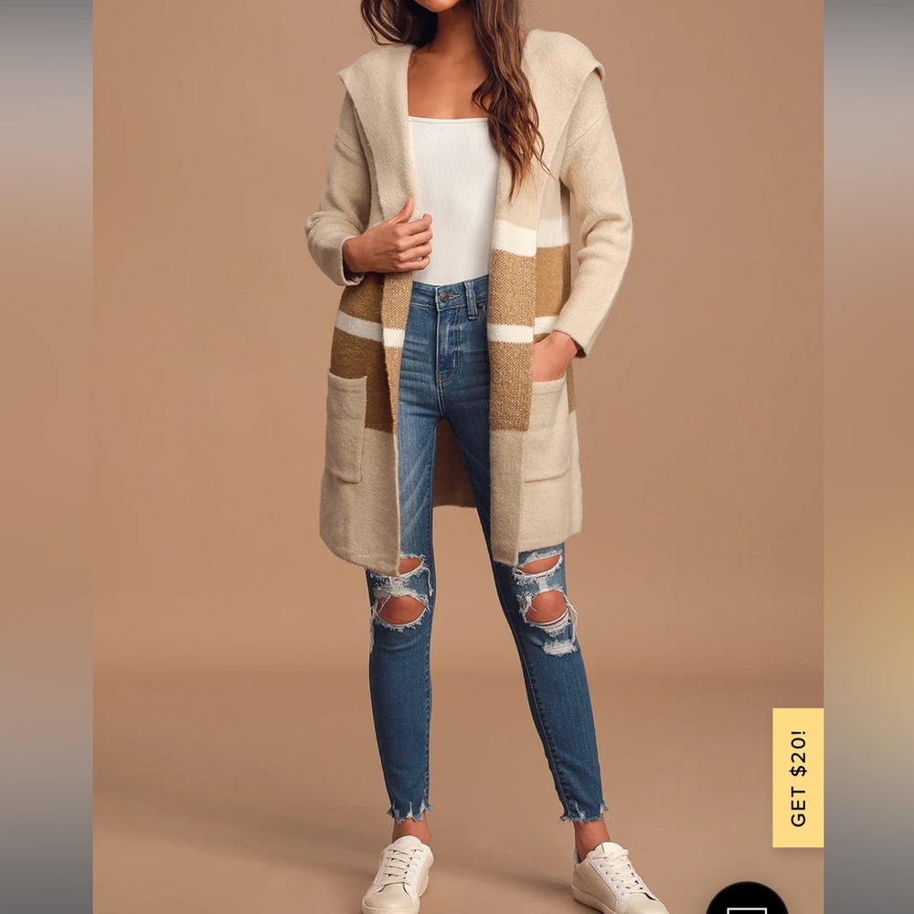 Carlsbad Tan and Beige Hooded Cardigan Sweater